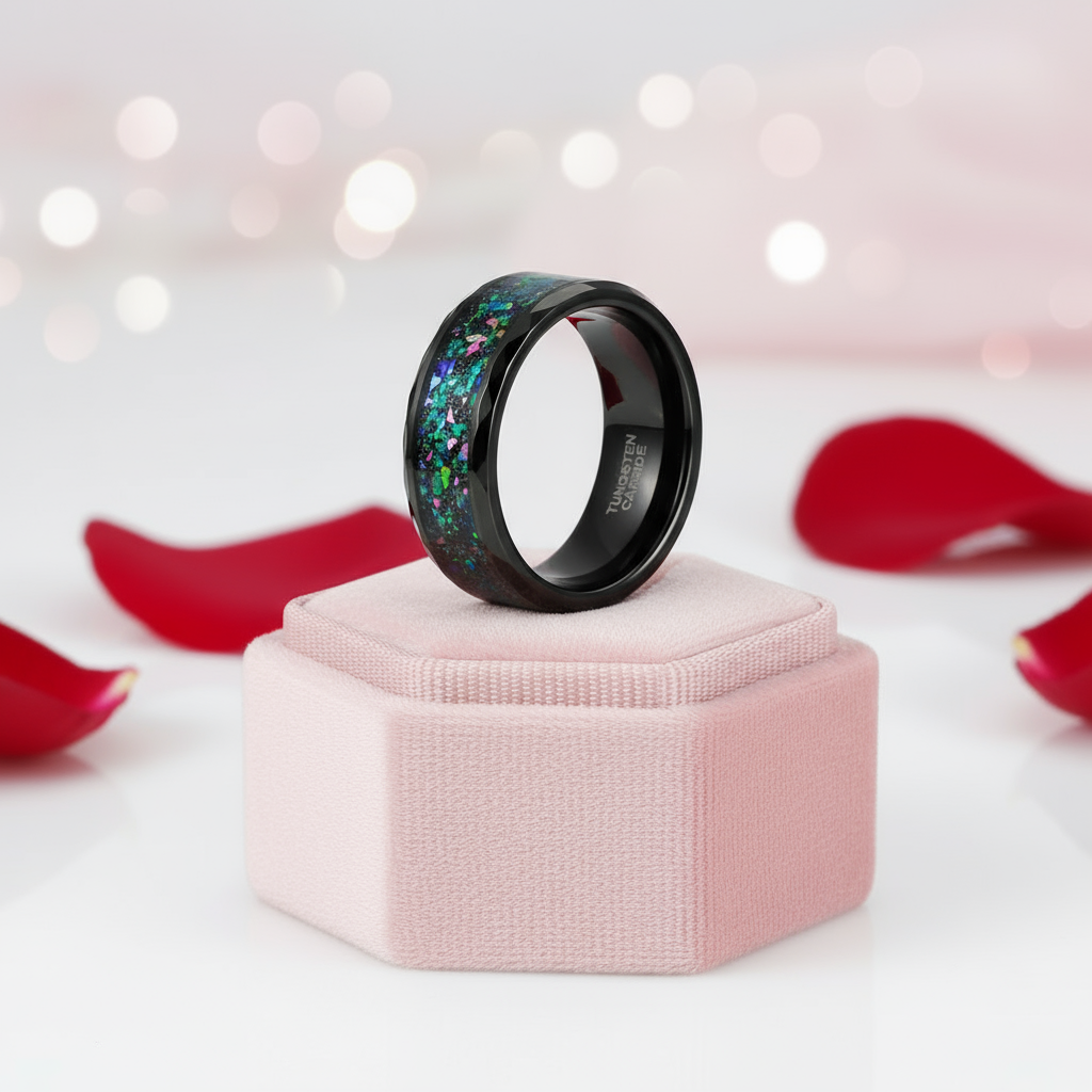 Tungsten Wedding Band with Multi-Colors Opal Inlay-Black Diamonds New York