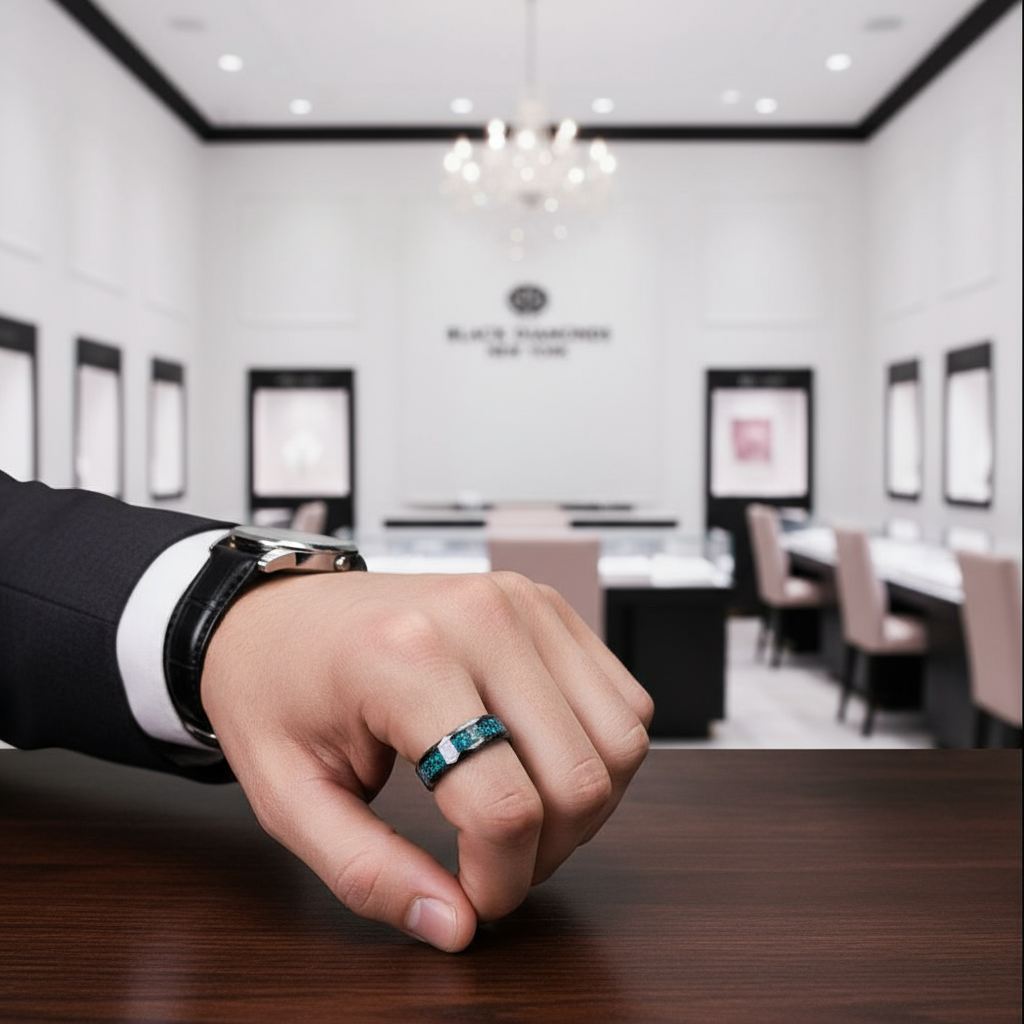 Tungsten Wedding Band with Multi-Colors Opal Inlay-Black Diamonds New York