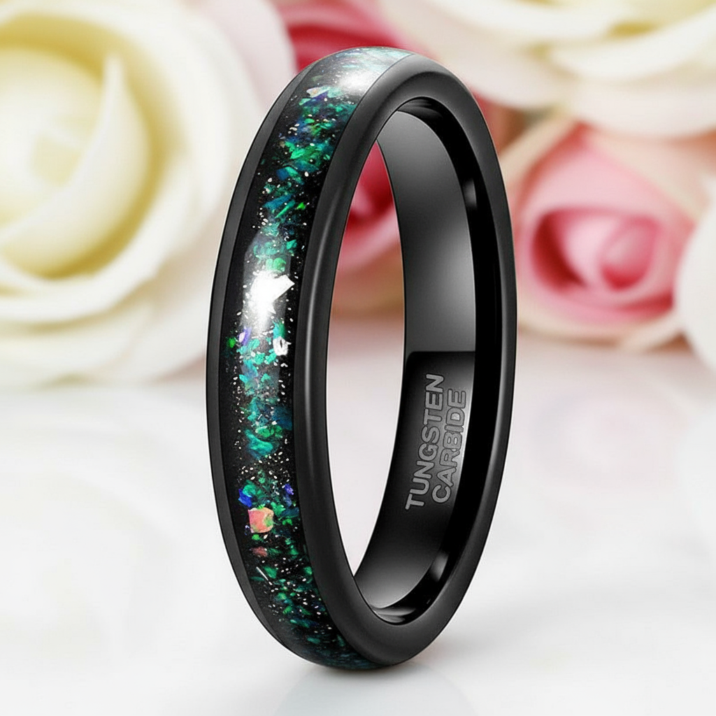 Tungsten Wedding Band with Multi-Colors Opal Inlay-Black Diamonds New York