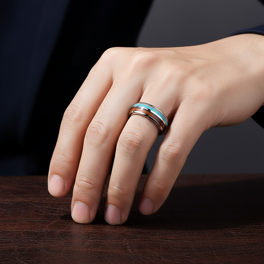 Tungsten Wood Blue Silver 8mm Carbide Wedding Band-Black Diamonds New York