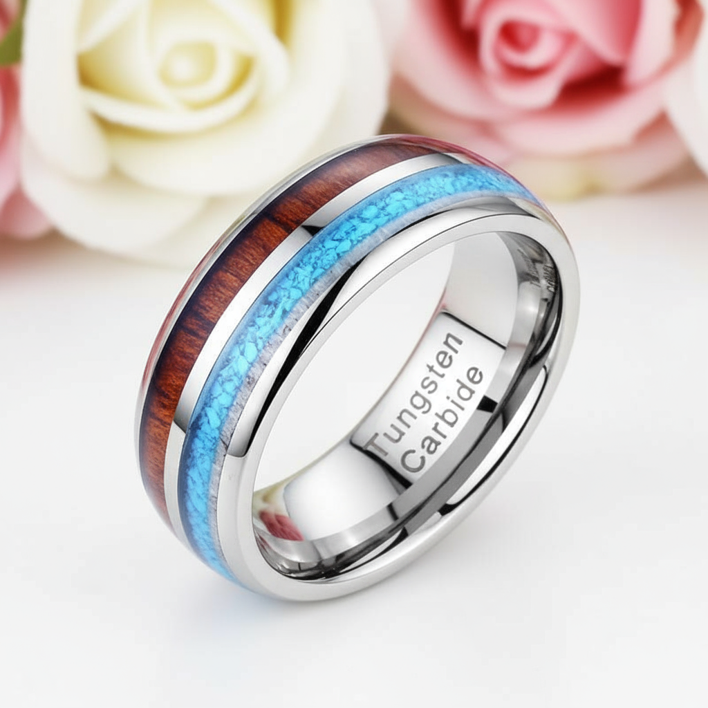 Tungsten Wood Blue Silver 8mm Carbide Wedding Band-Black Diamonds New York