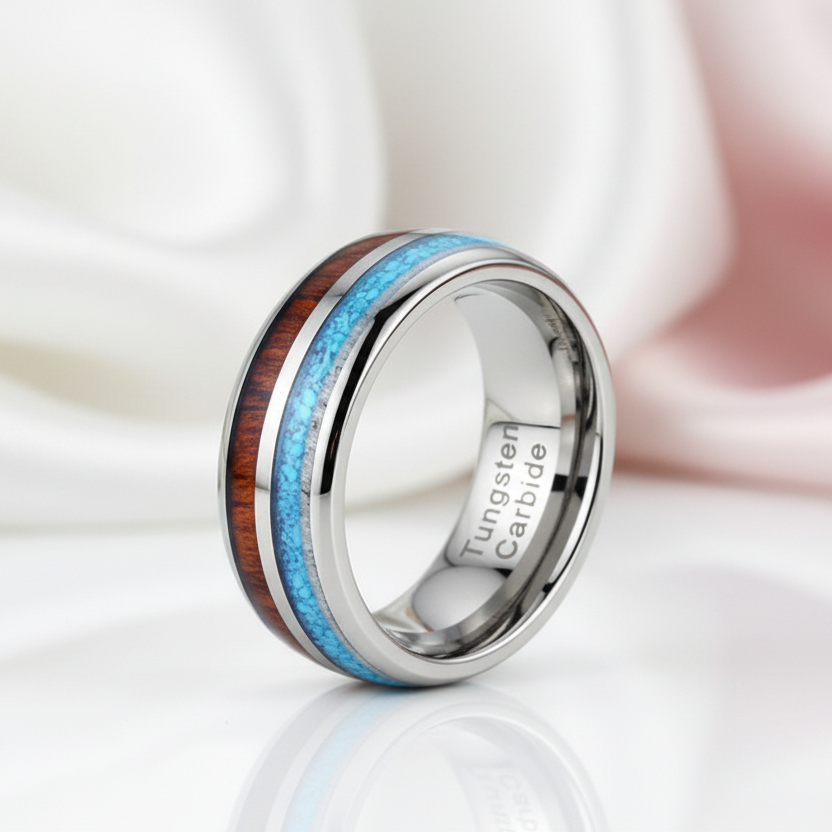 Tungsten Wood Blue Silver 8mm Carbide Wedding Band-Black Diamonds New York