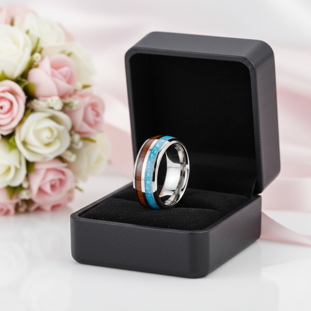 Tungsten Wood Blue Silver 8mm Carbide Wedding Band-Black Diamonds New York