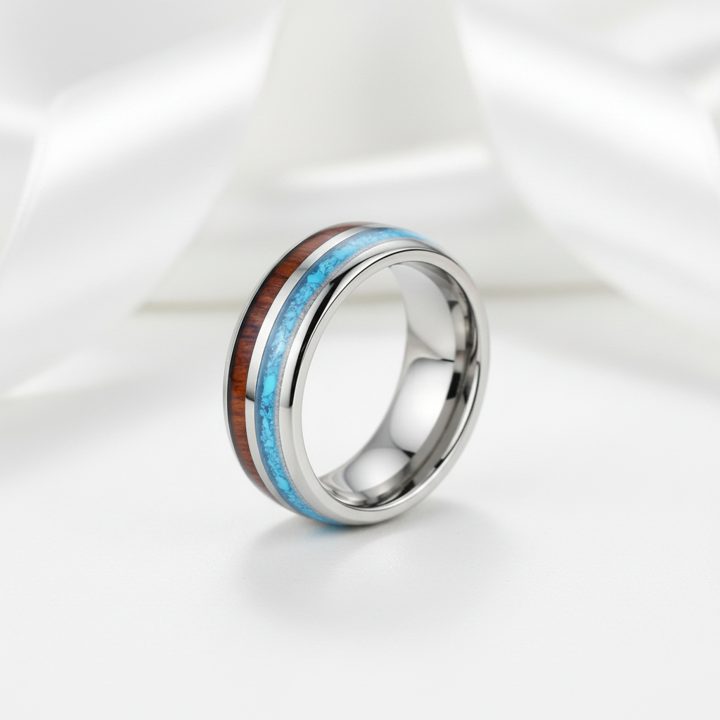 Tungsten Wood Blue Silver 8mm Carbide Wedding Band-Black Diamonds New York