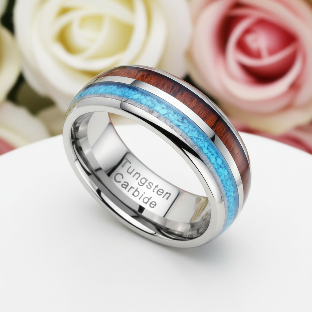 Tungsten Wood Blue Silver 8mm Carbide Wedding Band-Black Diamonds New York