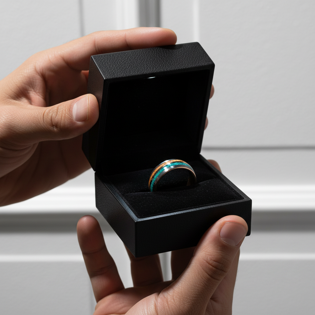 Turquoise & Wood Beveled Men's Tungsten Carbide Wedding Band-Black Diamonds New York
