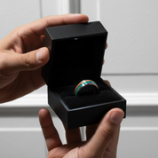 Turquoise & Wood Beveled Men's Tungsten Carbide Wedding Band-Black Diamonds New York