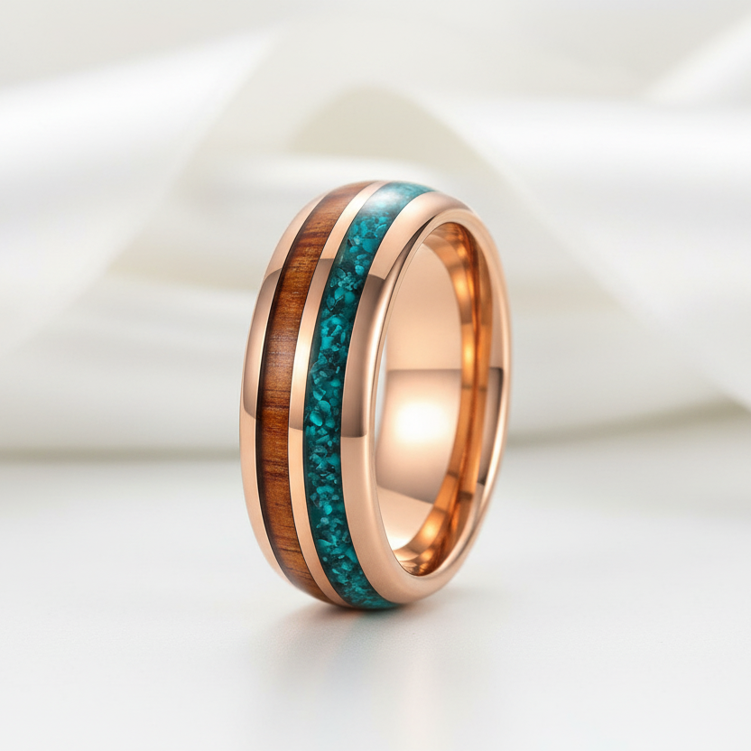 Turquoise & Wood Beveled Men's Tungsten Carbide Wedding Band-Black Diamonds New York