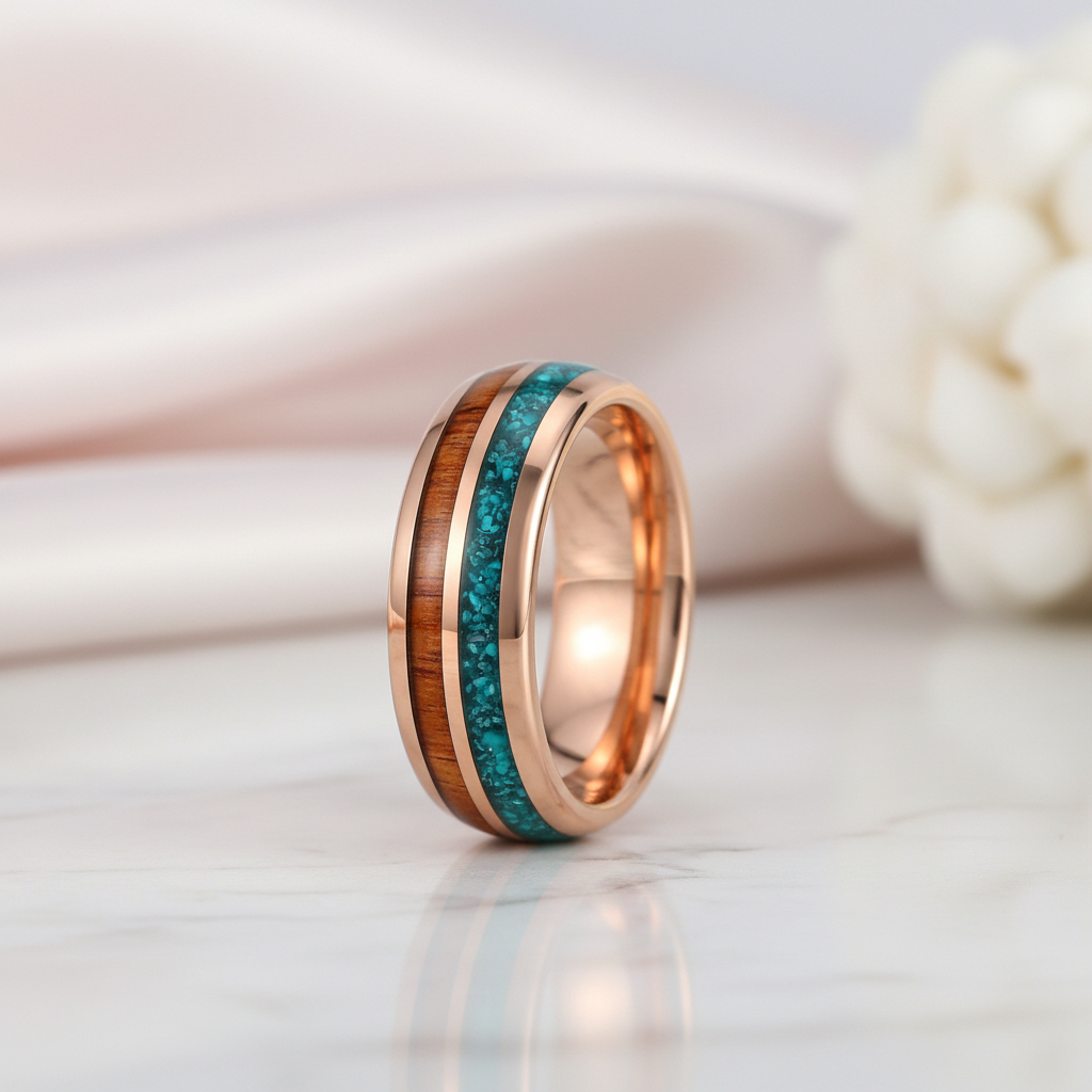 Turquoise & Wood Beveled Men's Tungsten Carbide Wedding Band-Black Diamonds New York