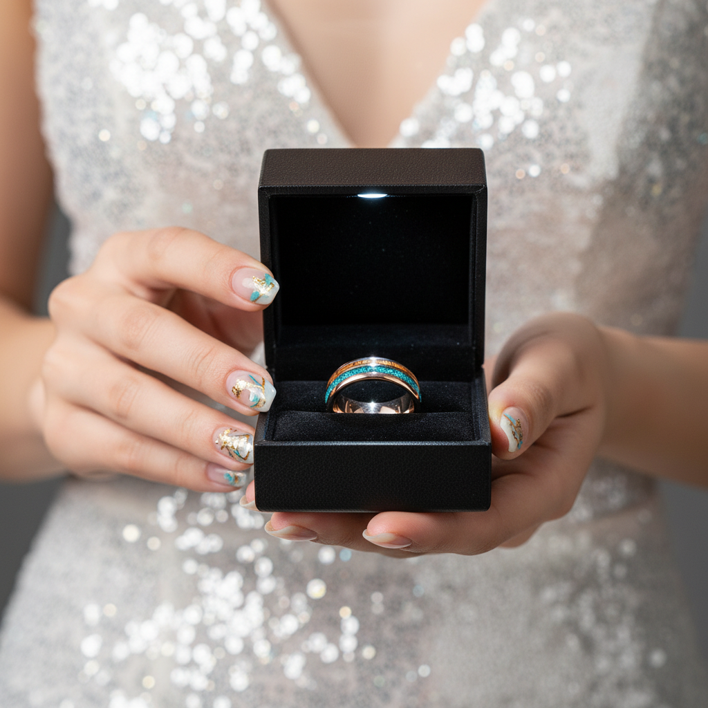 Turquoise & Wood Beveled Men's Tungsten Carbide Wedding Band-Black Diamonds New York