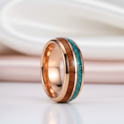 Turquoise & Wood Beveled Men's Tungsten Carbide Wedding Band-Black Diamonds New York