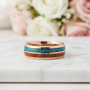 Turquoise & Wood Beveled Men's Tungsten Carbide Wedding Band-Black Diamonds New York