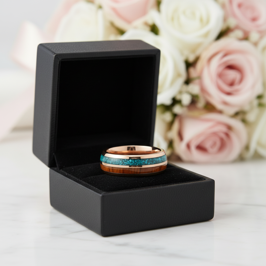 Turquoise & Wood Beveled Men's Tungsten Carbide Wedding Band-Black Diamonds New York