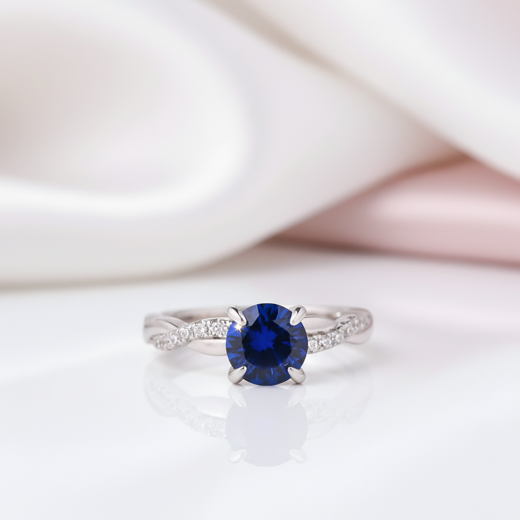 Twist 1.25 Carat Blue Sapphire Round Cut Promise Ring-Black Diamonds New York
