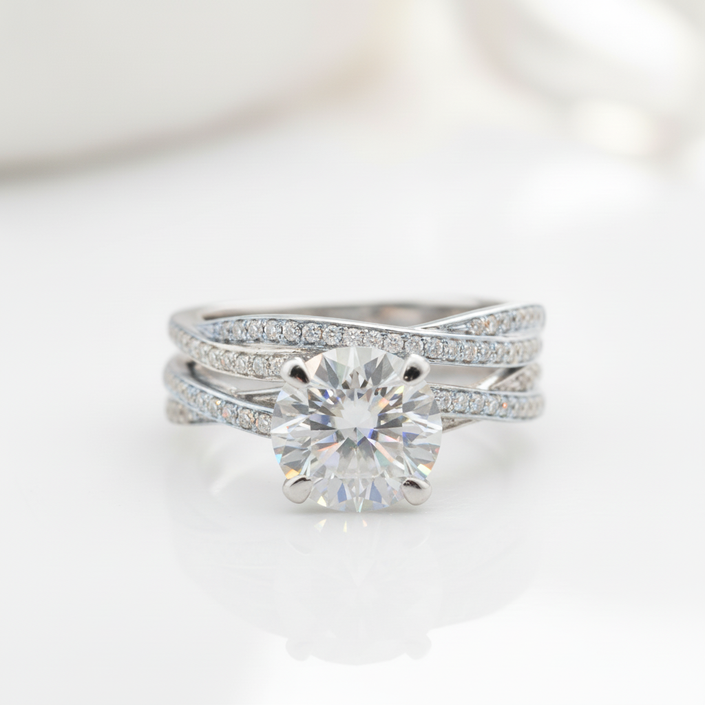 Twist Band 14k White Gold 2CT 8mm Diamond Option Engagement Ring Set-Black Diamonds New York