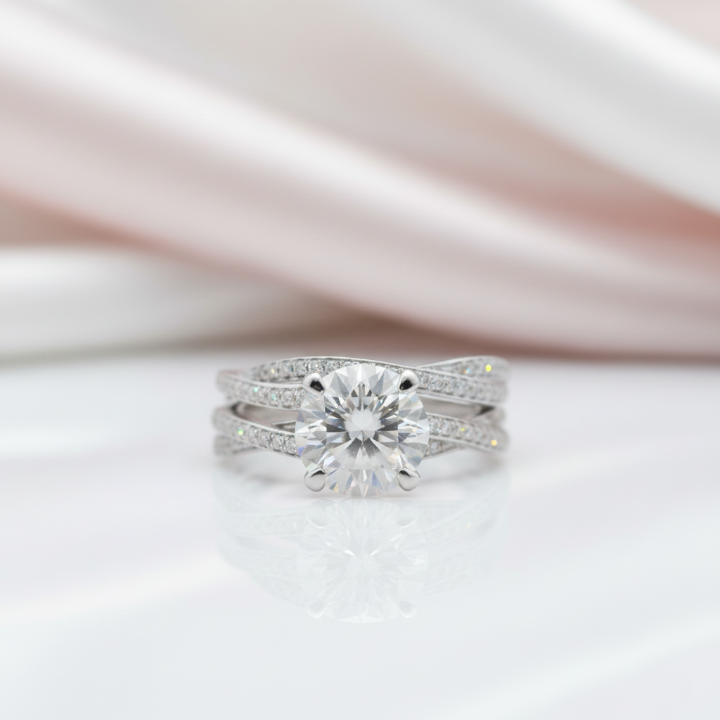 Twist Band 14k White Gold 2CT 8mm Diamond Option Engagement Ring Set-Black Diamonds New York