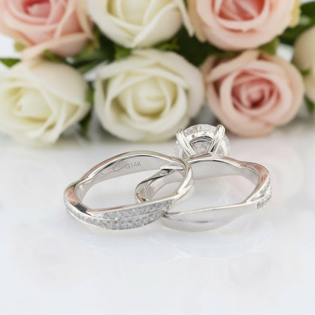 Twist Band 14k White Gold 2CT 8mm Diamond Engagement Ring Set-Black Diamonds New York