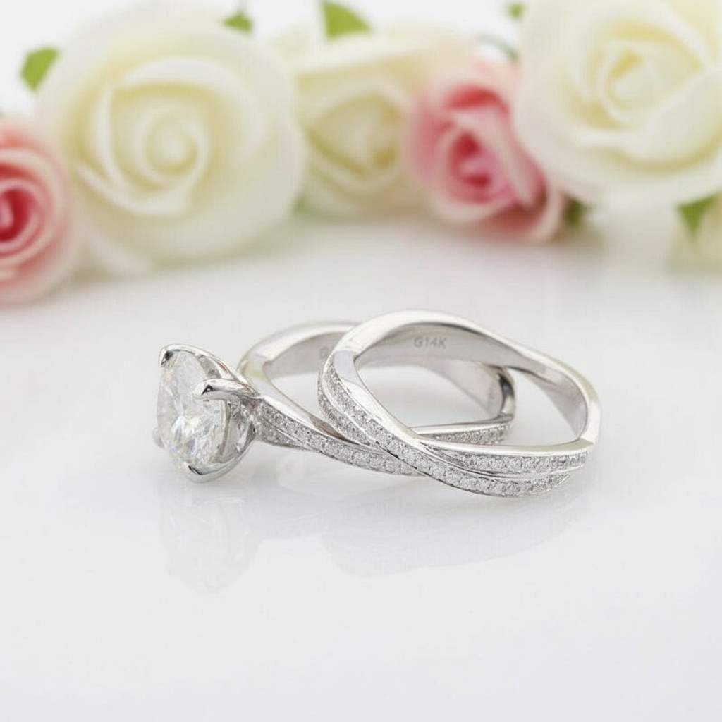 Twist Band 14k White Gold 2CT 8mm Diamond Engagement Ring Set-Black Diamonds New York