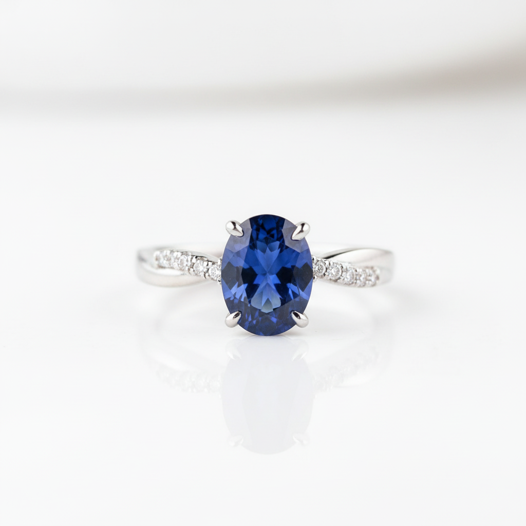 Twist Blue Sapphire Oval Cut Simulated Diamond Option Engagement Ring-Black Diamonds New York