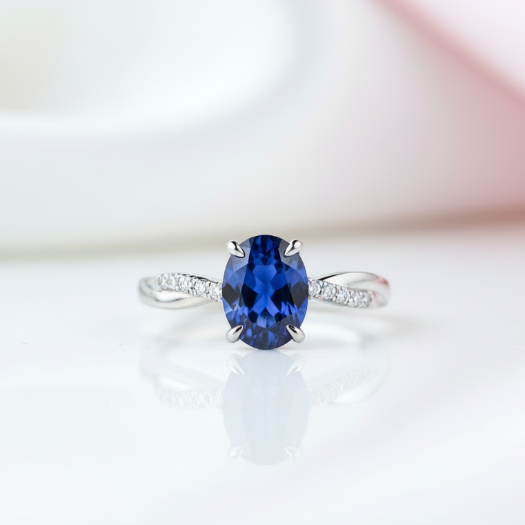 Twist Blue Sapphire Oval Cut Simulated Diamond Option Engagement Ring-Black Diamonds New York