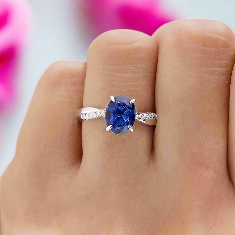 Twist Blue Sapphire Oval Cut Simulated Diamond Engagement Ring-Black Diamonds New York