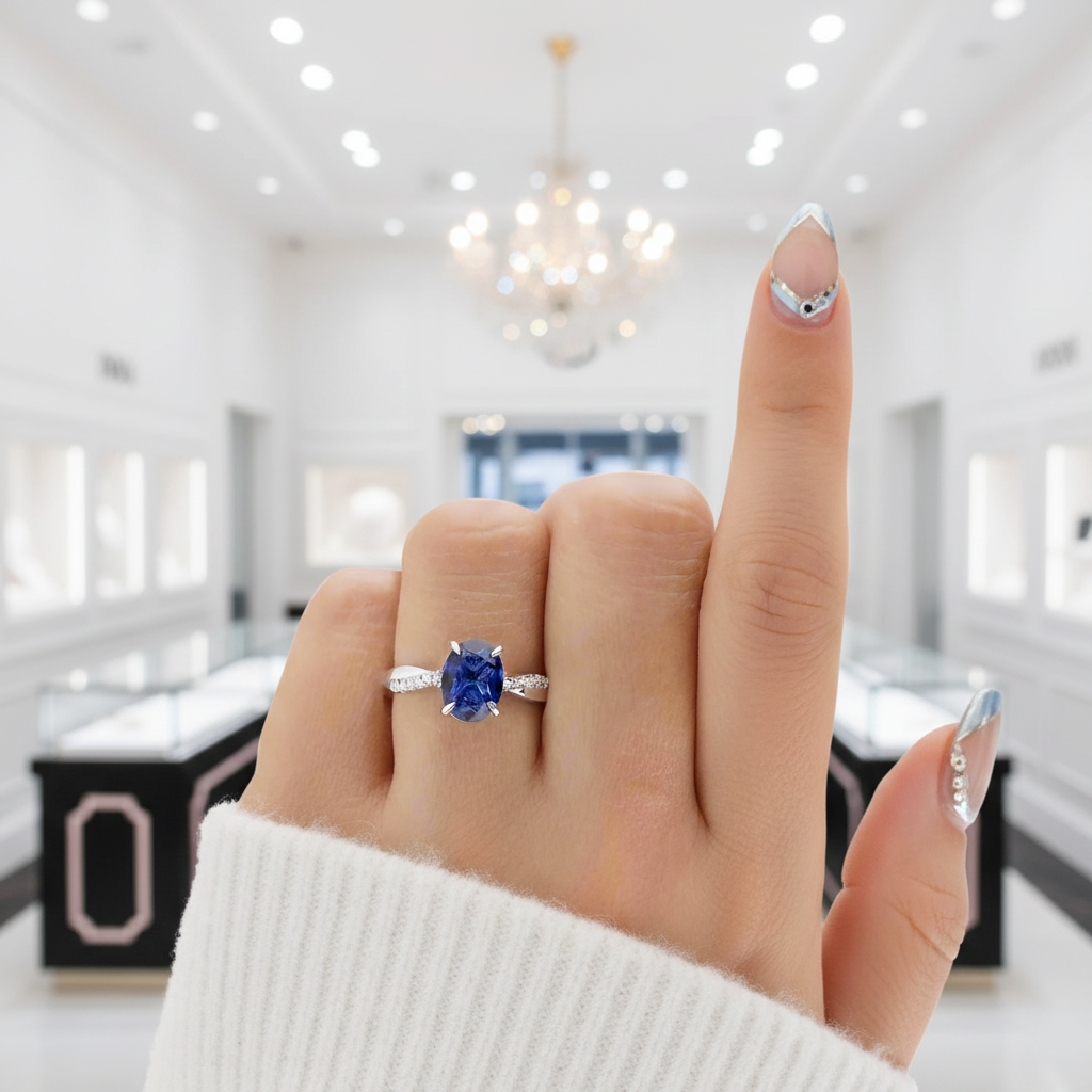 Twist Blue Sapphire Oval Cut Simulated Diamond Option Engagement Ring-Black Diamonds New York