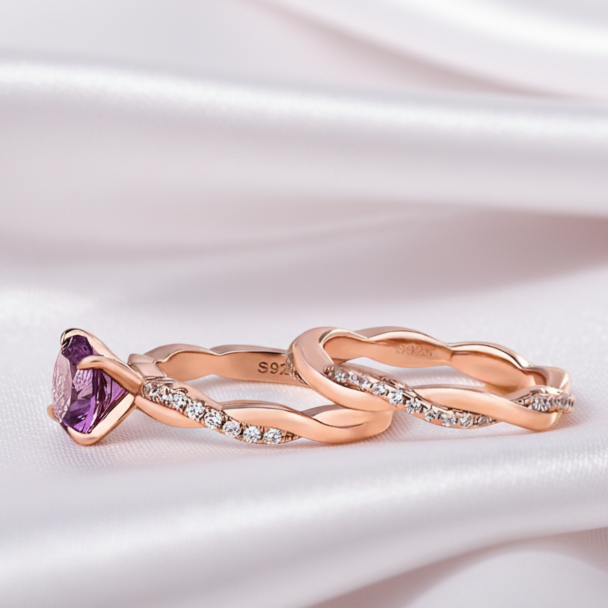 Twist Rose Gold Round Cut Purple Amethyst Wedding Set-Black Diamonds New York