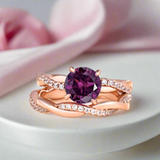 Twist Rose Gold Round Cut Amethyst Purple Wedding Set-Black Diamonds New York