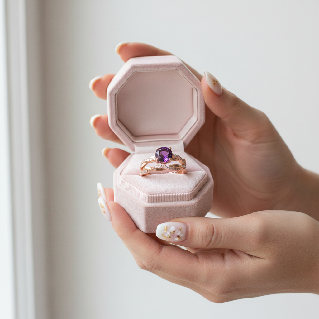 Twist Rose Gold Round Cut Purple Amethyst Wedding Set-Black Diamonds New York