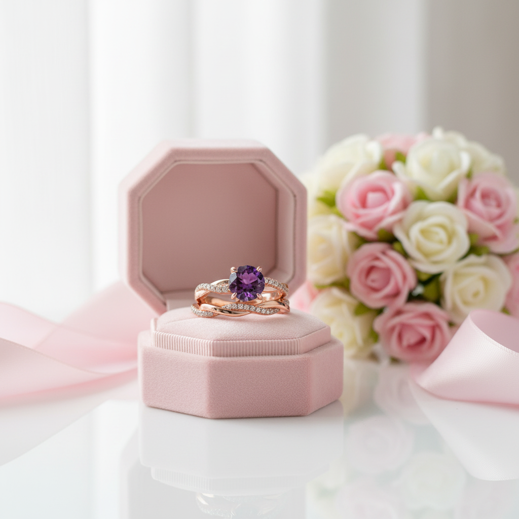 Twist Rose Gold Round Cut Amethyst Purple Wedding Set-Black Diamonds New York