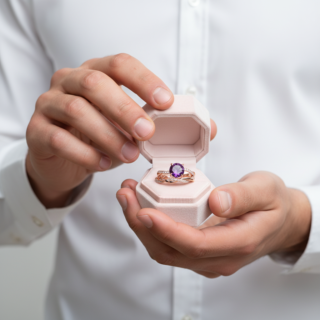 Twist Rose Gold Round Cut Purple Amethyst Wedding Set-Black Diamonds New York