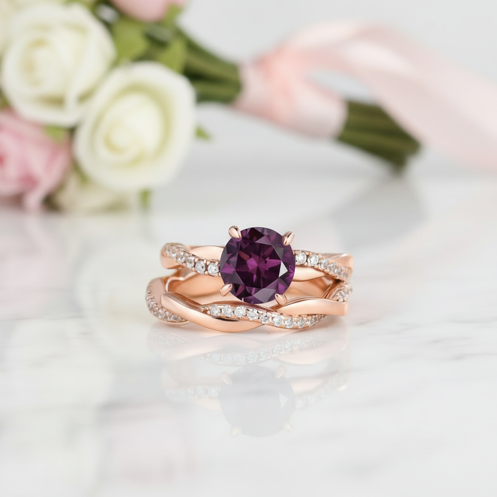 Twist Rose Gold Round Cut Purple Amethyst Wedding Set-Black Diamonds New York