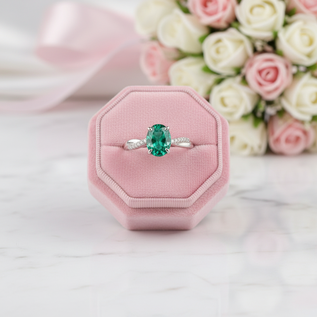 Twist Yellow Gold Emerald Green Oval Cut Engagement Ring-Black Diamonds New York