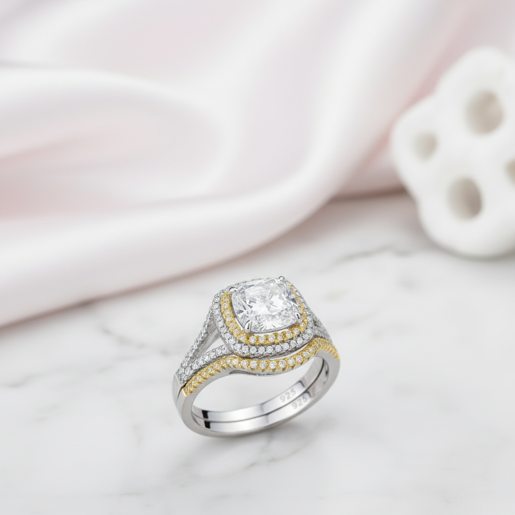 Two-tone 1.8 Ct Cushion Cut Diamond Option Ring Set-Black Diamonds New York