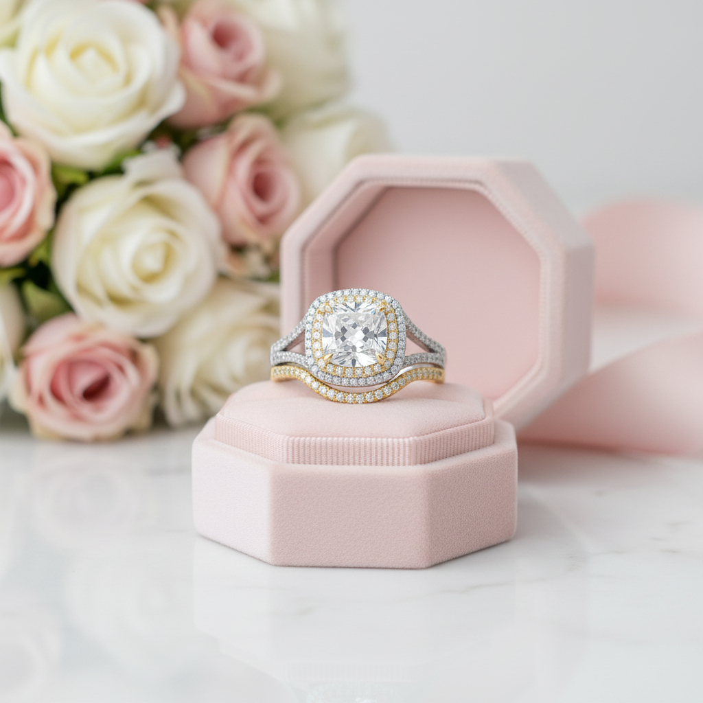 Two-tone 1.8 Ct Cushion Cut Diamond Option Ring Set-Black Diamonds New York