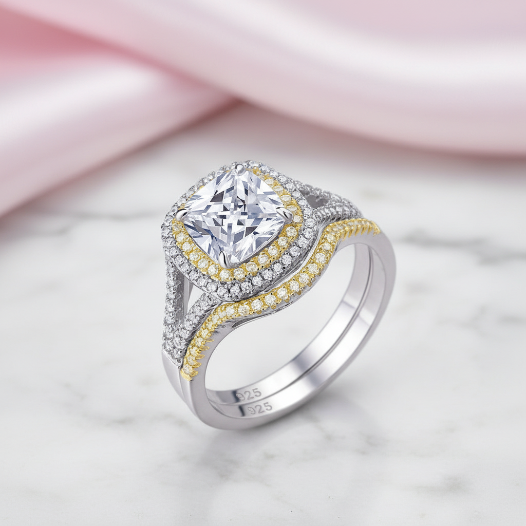 Two-tone 1.8 Ct Cushion Cut Diamond Option Ring Set-Black Diamonds New York