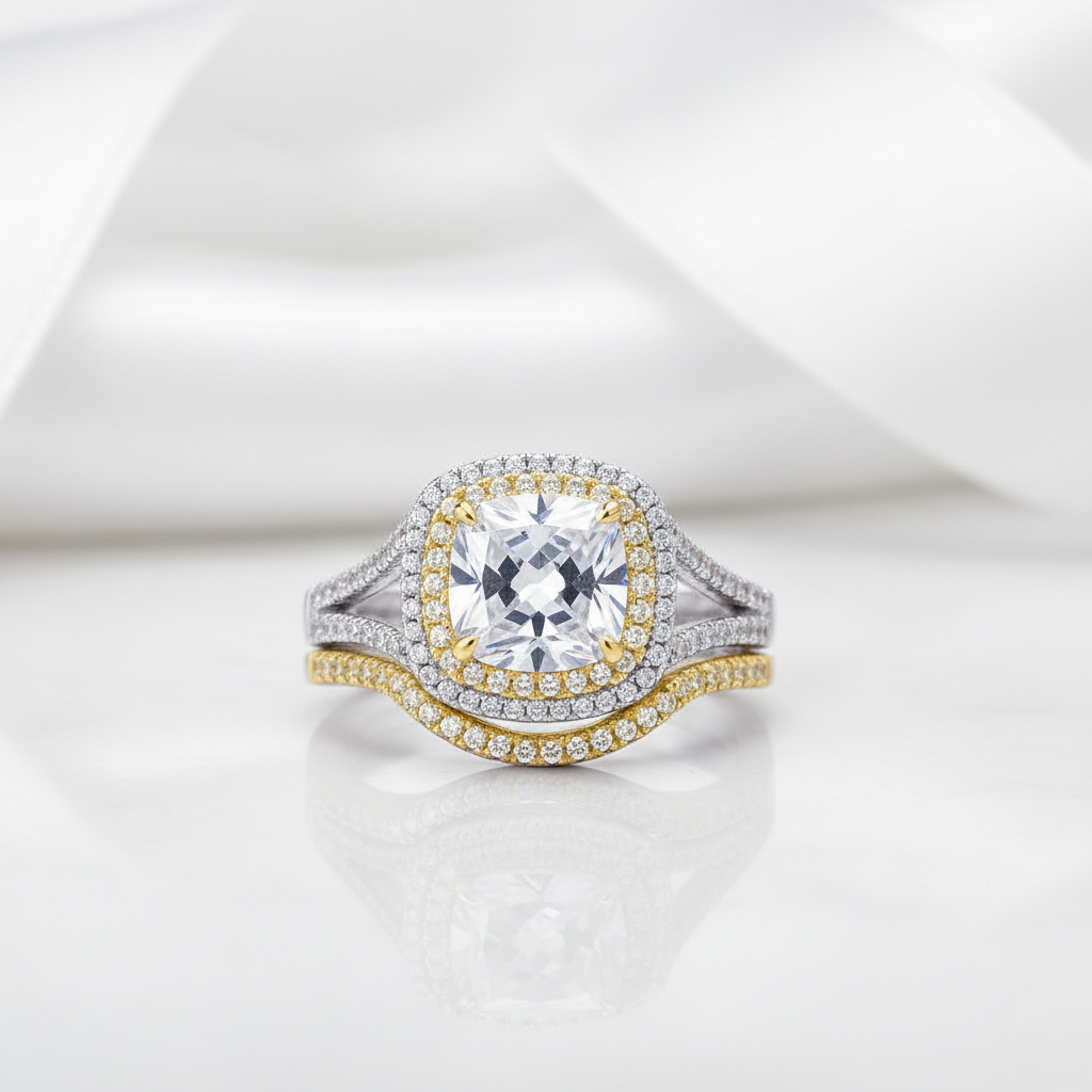 Two-tone 1.8 Ct Cushion Cut Diamond Option Ring Set-Black Diamonds New York