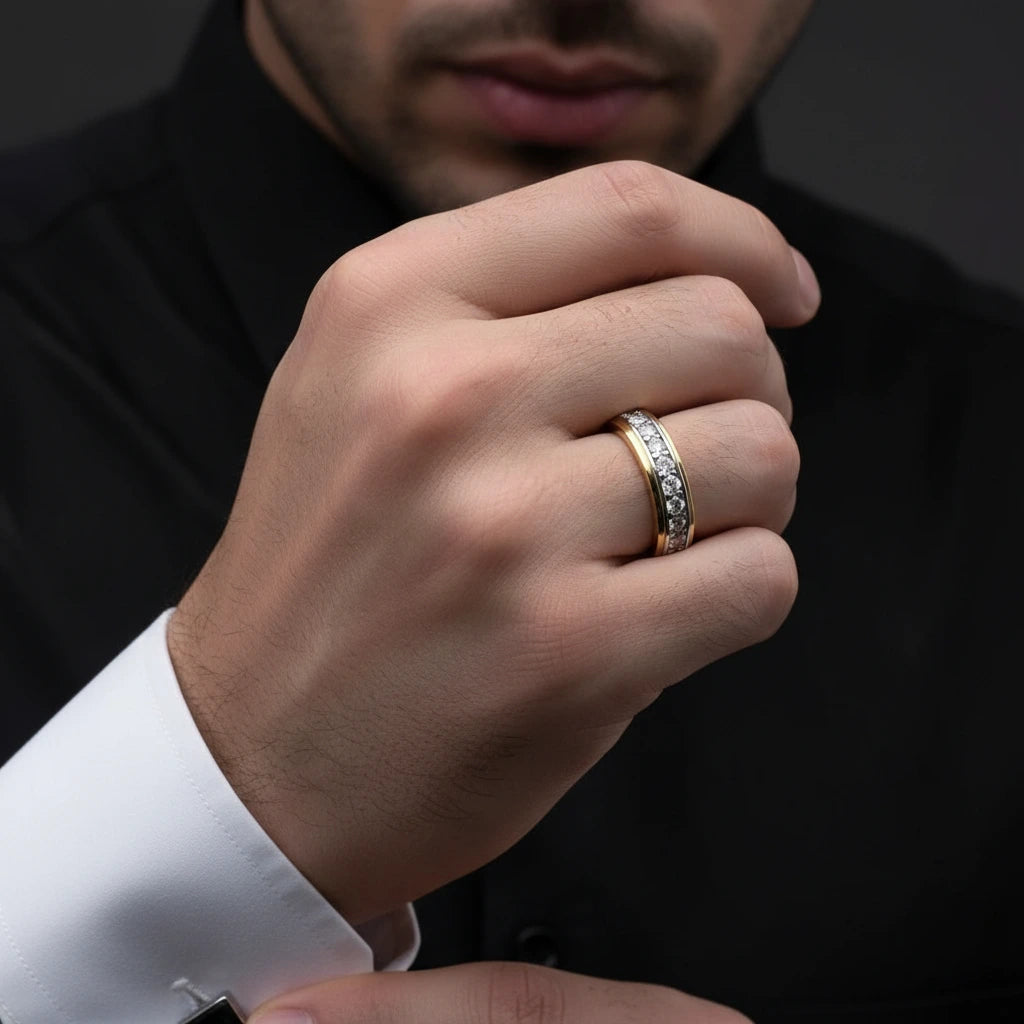 Two Tone Brilliant Round Cut Men's Ring Band-Black Diamonds New York