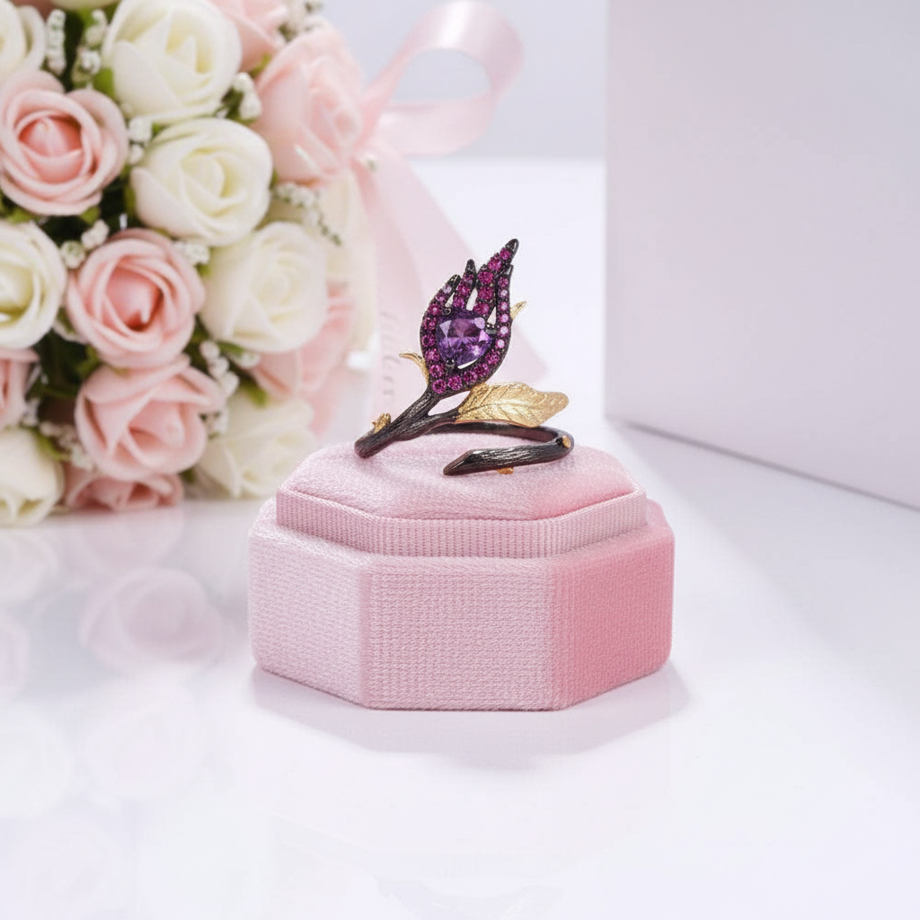 Two Tone Burning Heart Amethyst Ring-Black Diamonds New York