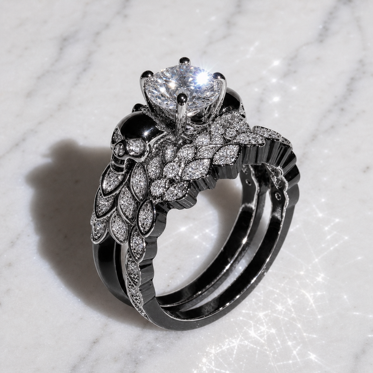 You're My Forever- 1.25 Carat Round Cut Diamond Option Skulls Promise Ring Set-Black Diamonds New York