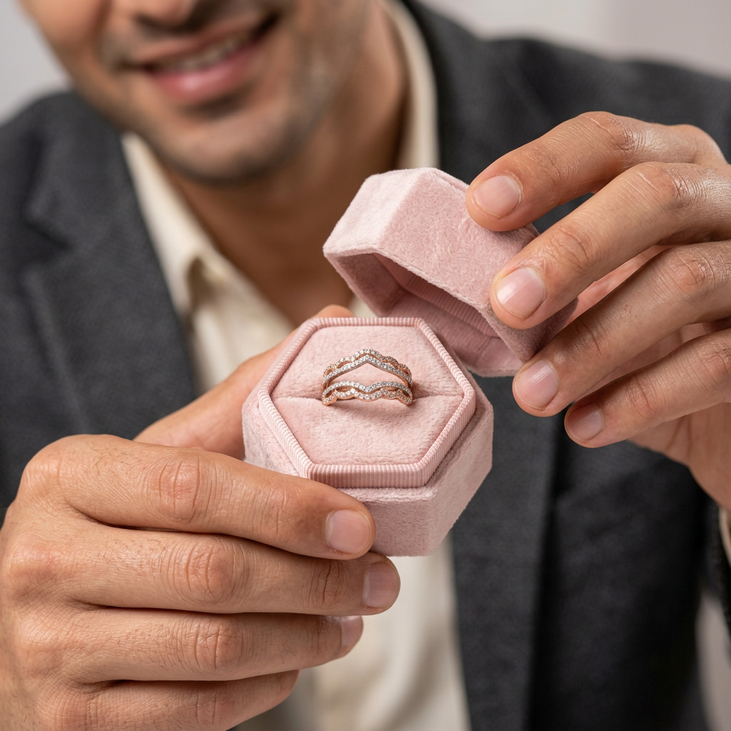 A close-up of a man holding an open dusty pink velvet hexagonal ring box, showing two silver rings with clear stones inside. The man is wearing a gray blazer and a cream shirt, with a soft-focus background.
