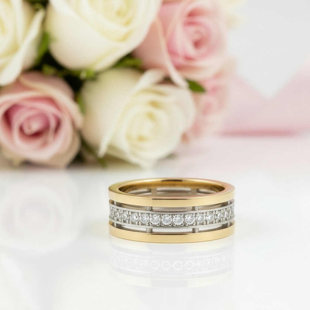 Gold ring with diamonds on a white surface with pink and white roses in the background