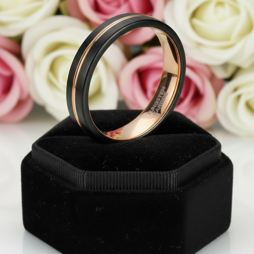 Two-Tone Groove Tungsten Men's Wedding Band-Black Diamonds New York