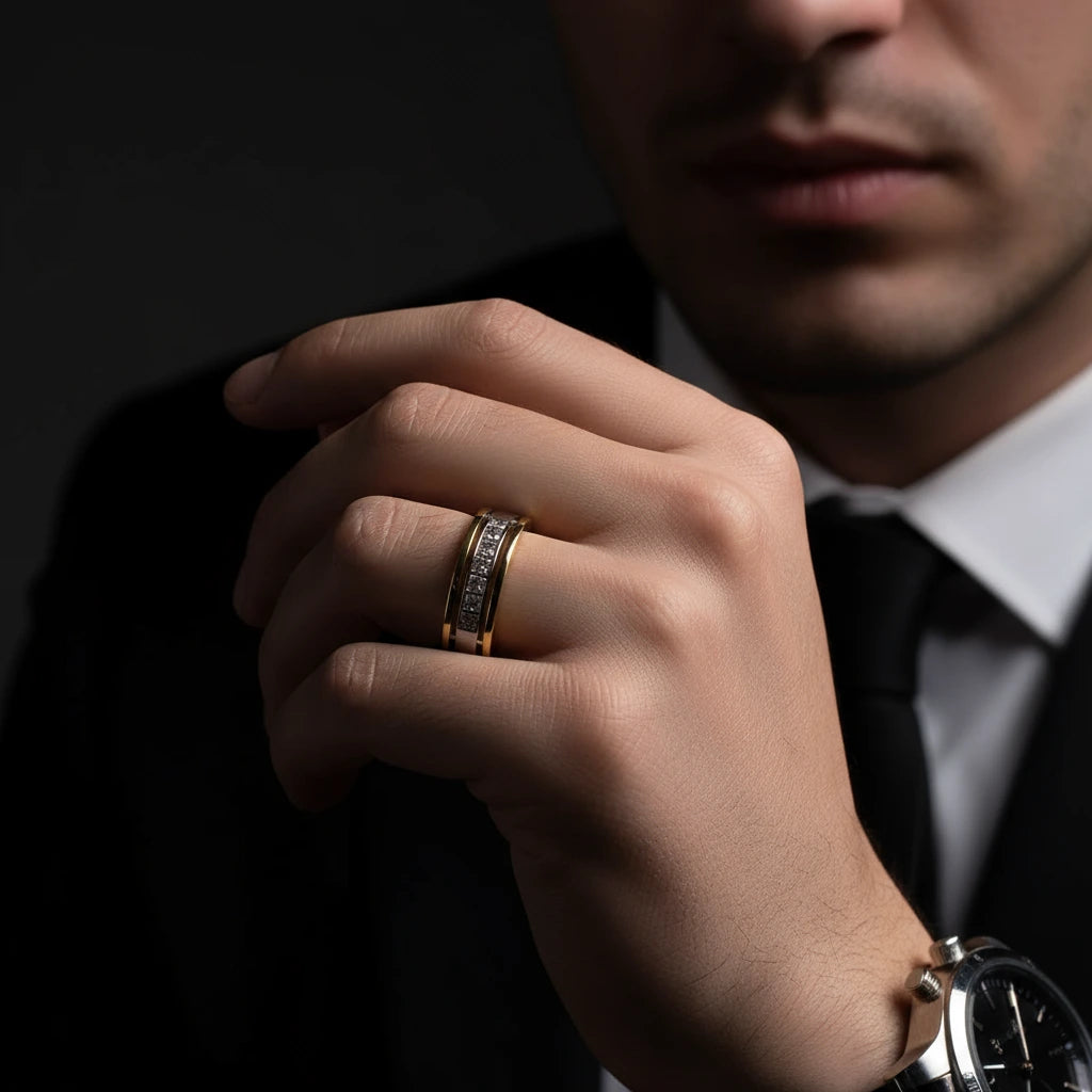 Two tone Half Eternity Round Cut Diamond Men's Ring-Black Diamonds New York