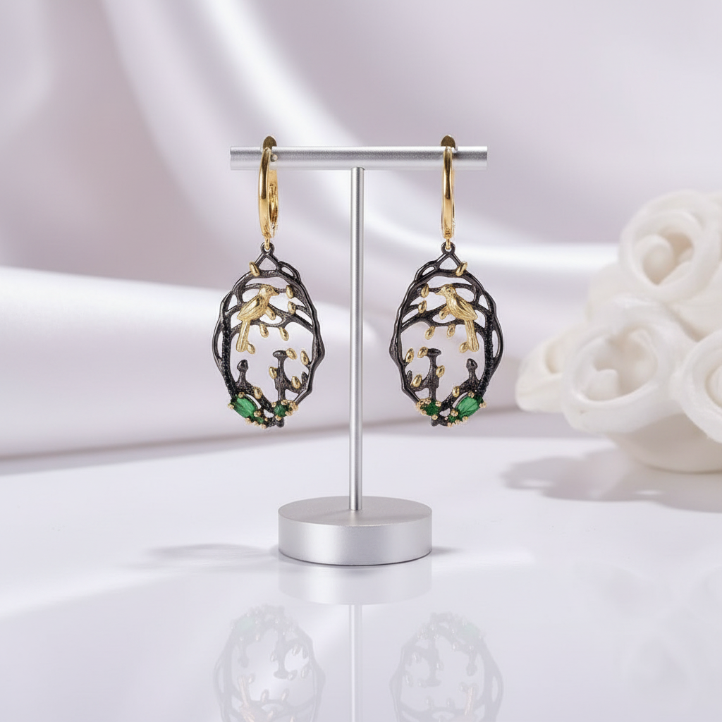 Two-tone Handmade Bird Bud Tree Chrome Diopside Earrings-Black Diamonds New York