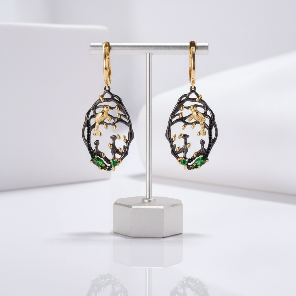 Two-tone Handmade Bird Bud Tree Chrome Diopside Earrings-Black Diamonds New York