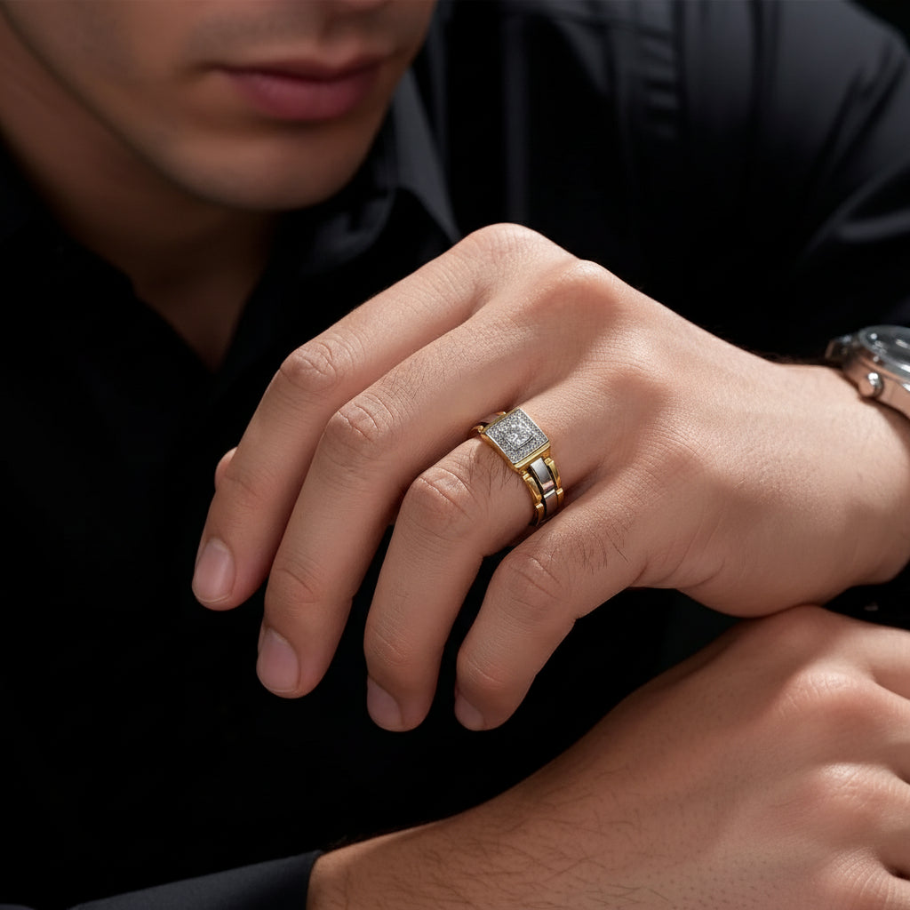 Two Tone Round Cut Halo Men's Ring-Black Diamonds New York