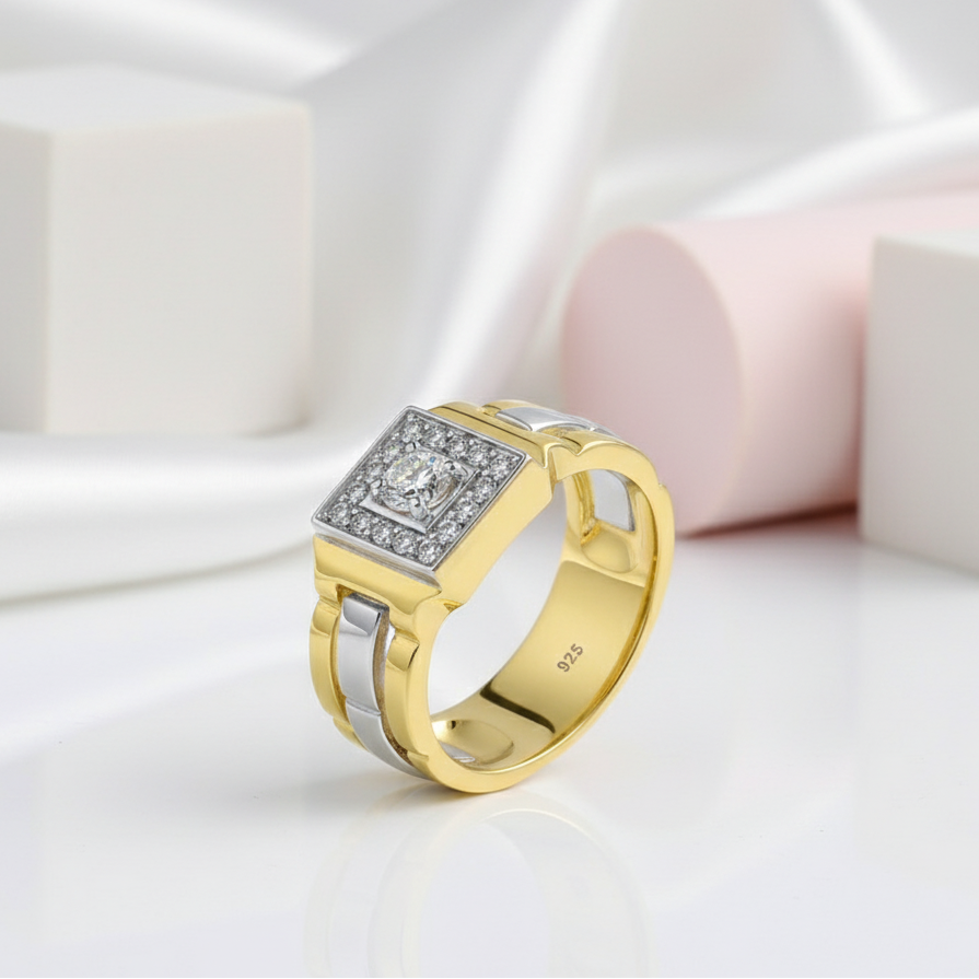 Two Tone Round Cut Halo Men's Ring-Black Diamonds New York