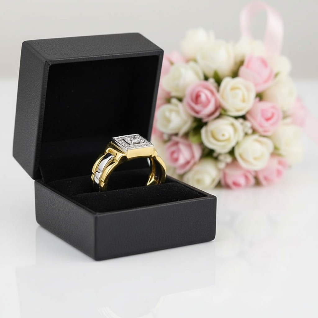 Two Tone Round Cut Halo Men's Ring-Black Diamonds New York