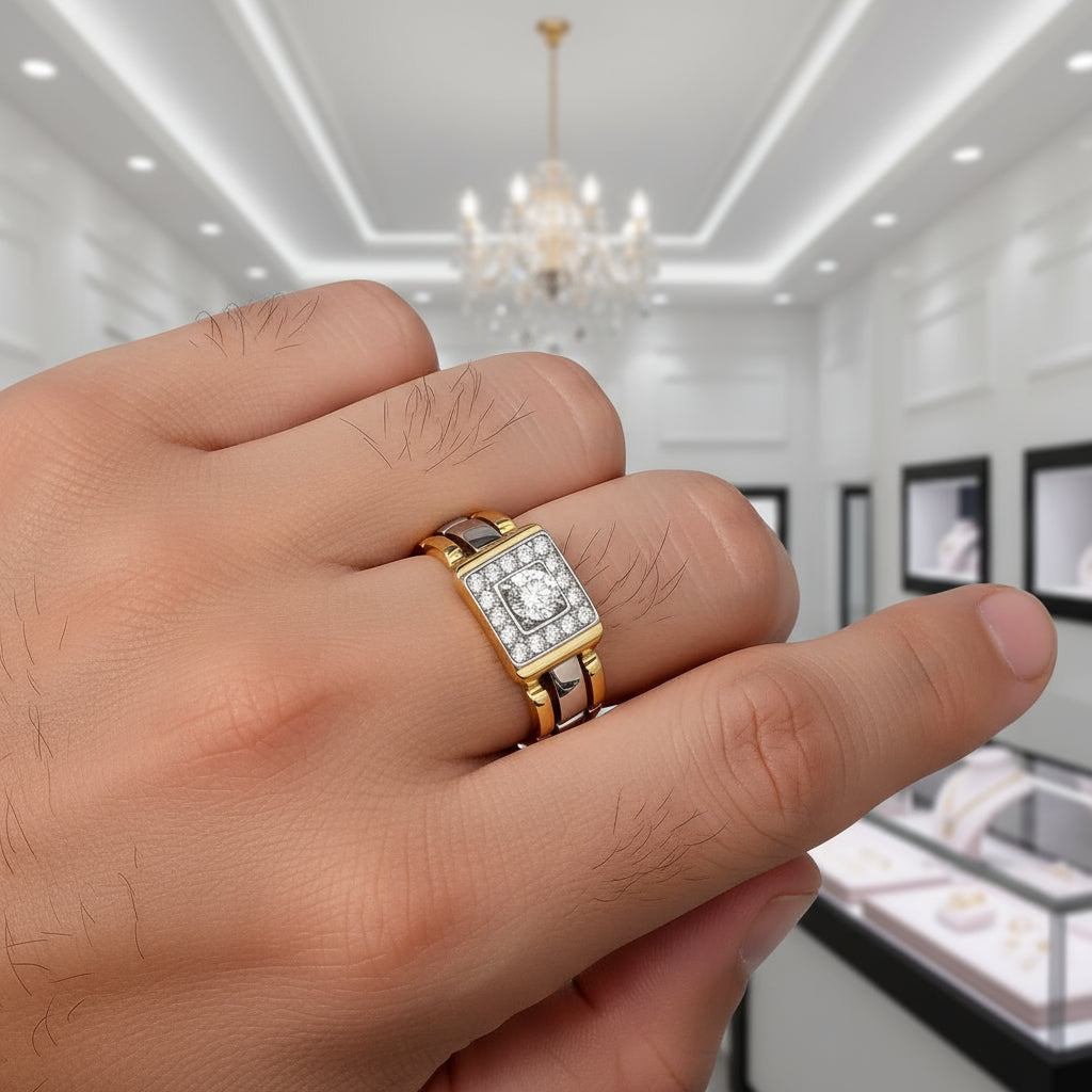 Two Tone Round Cut Halo Men's Ring-Black Diamonds New York